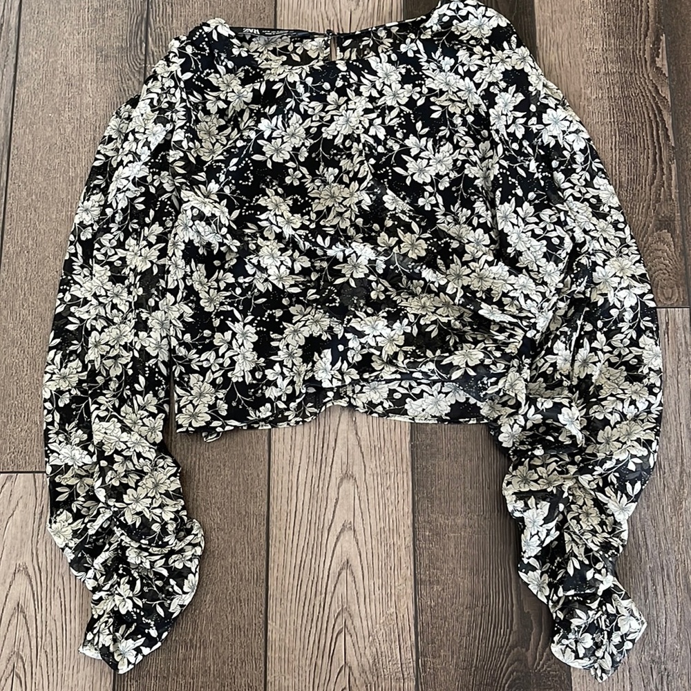 Zara Floral white and black sheer top